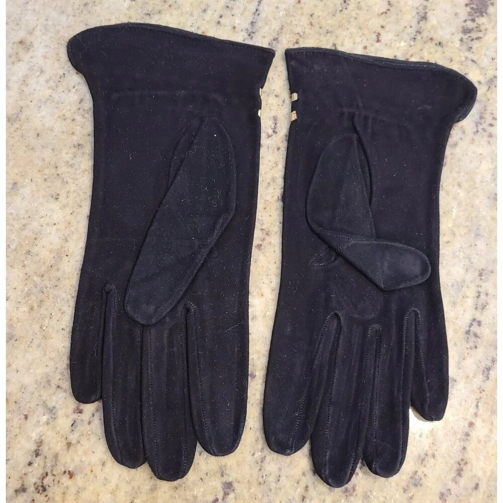 Vtg Women Sz S 6.5 Suede Black Gold Embroidered Geometric Formal Gloves 8.5